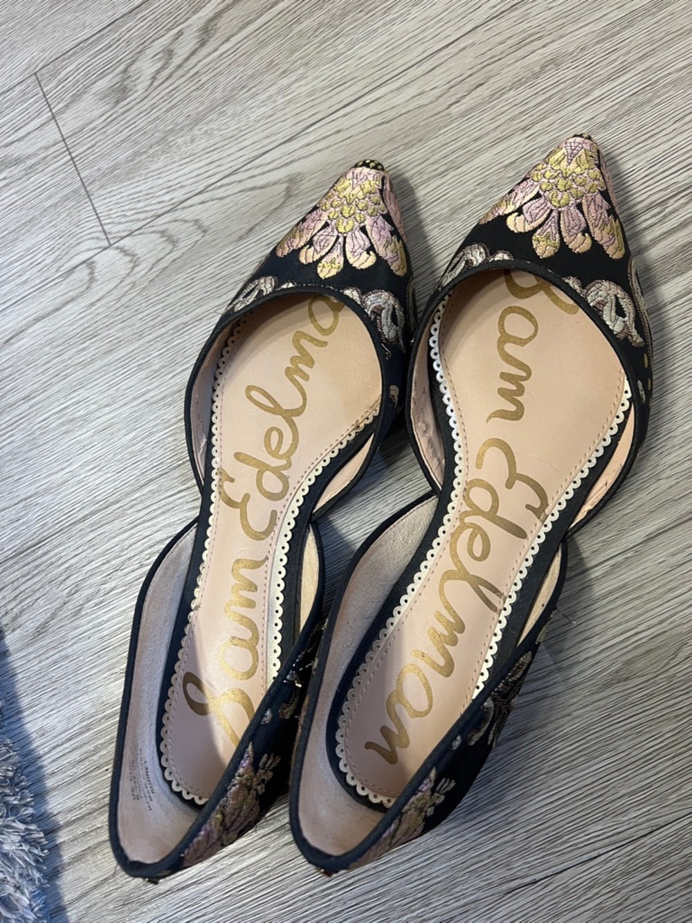 Sam Edelman Black Pointed D'Orsay Flats with Pink and Gold Floral Embroidery - Picture 12 of 12
